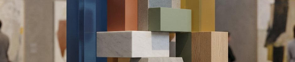 Stacked rectangular blocks in metal, wood, marble, and colored materials forming an abstract sculpture